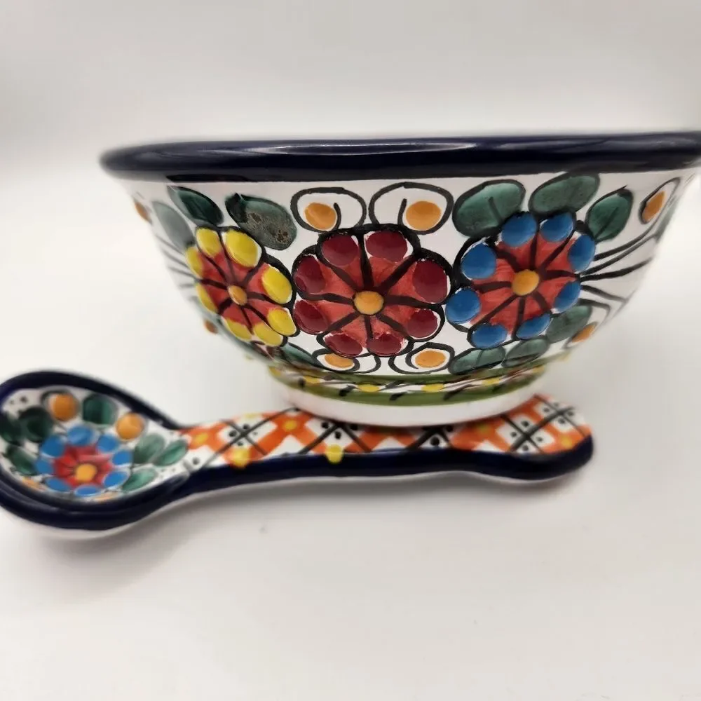 Mexican Pottery Colorful Ceramic Bowl and Spoon Set Hand painted